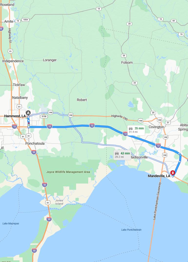 driving from Hammond, Louisiana to MandevilleLouisiana - map and route