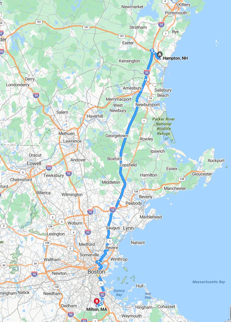 driving from Hampton, New Hampshire to MiltonMassachusetts - map and route