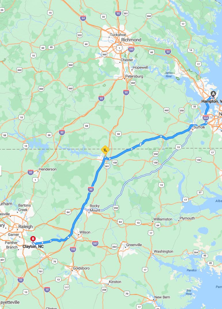 driving from Hampton, Virginia to ClaytonNorth Carolina - map and route