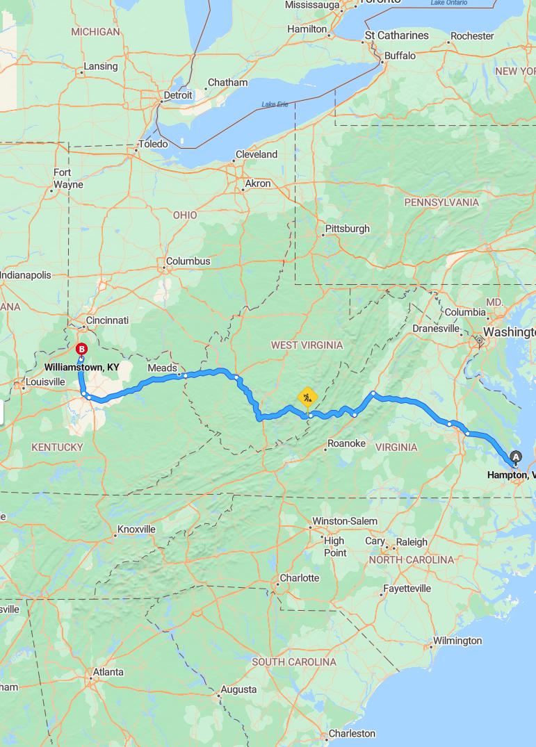 driving from Hampton, Virginia to WilliamstownKentucky - map and route