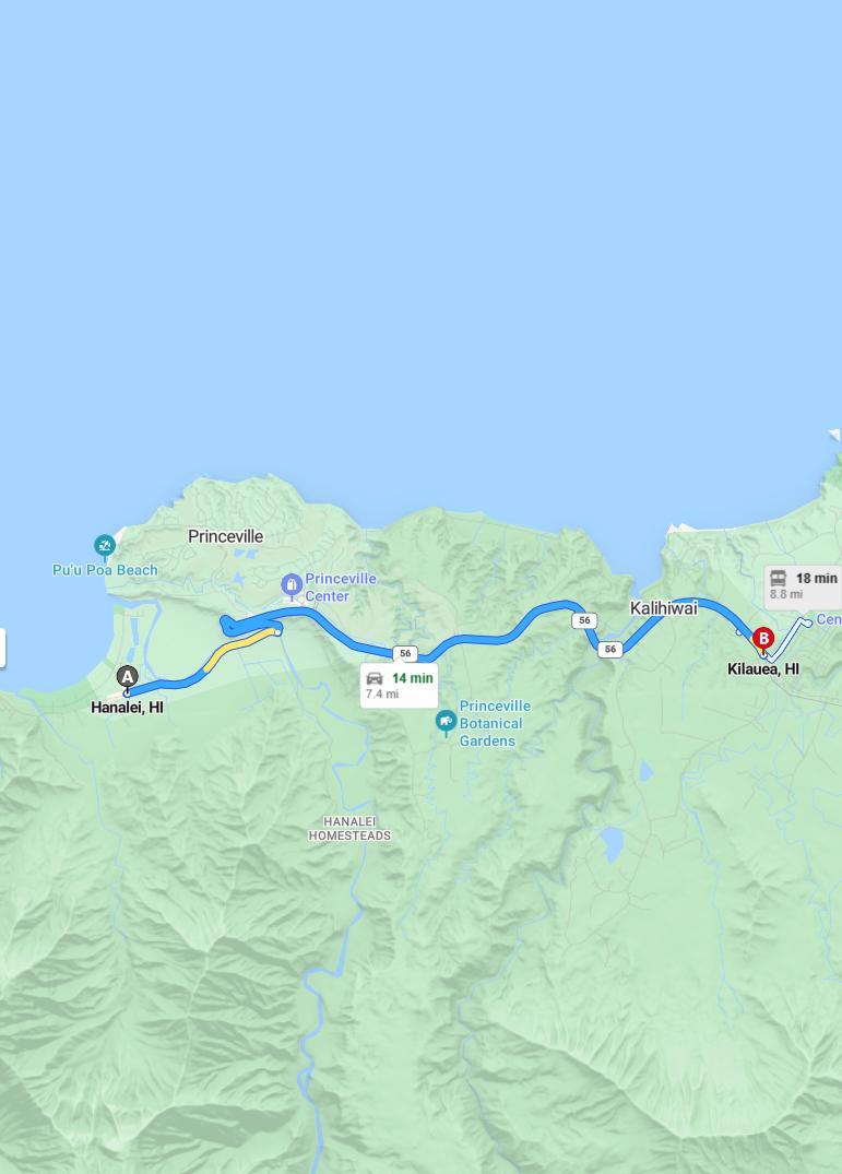 driving from Hanalei, Hawaii to KilaueaHawaii - map and route