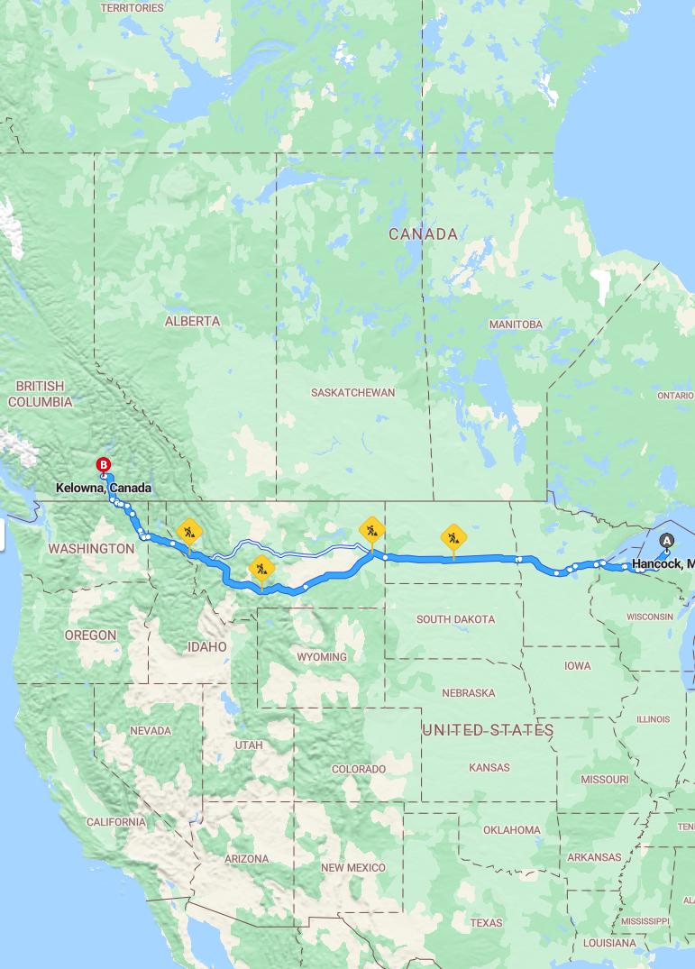 driving from Hancock, Michigan to KelownaBritish Columbia - map and route