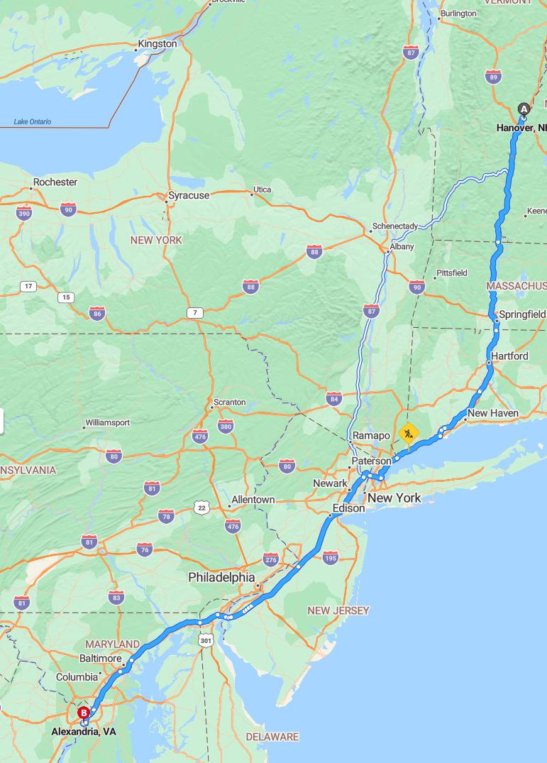 driving from Hanover, New Hampshire to AlexandriaVirginia - map and route