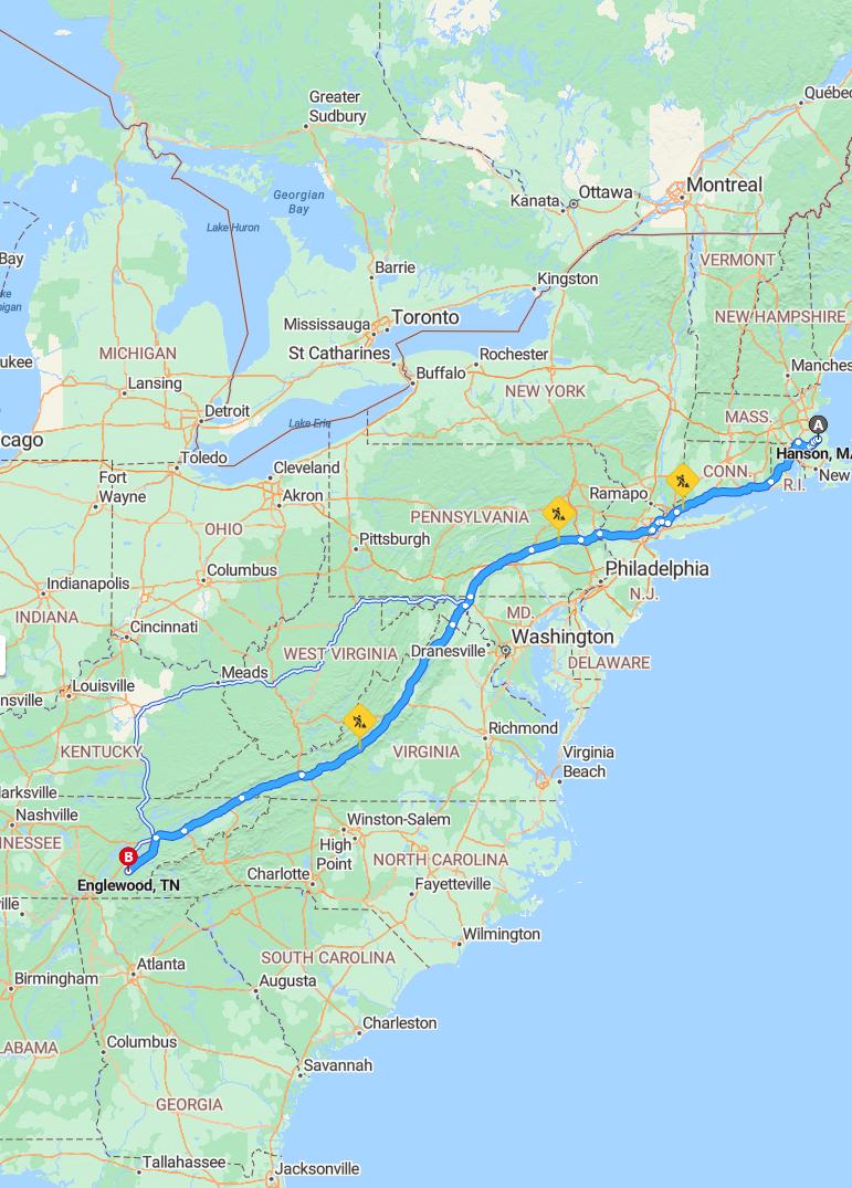 driving from Hanson, Massachusetts to EnglewoodTennessee - map and route