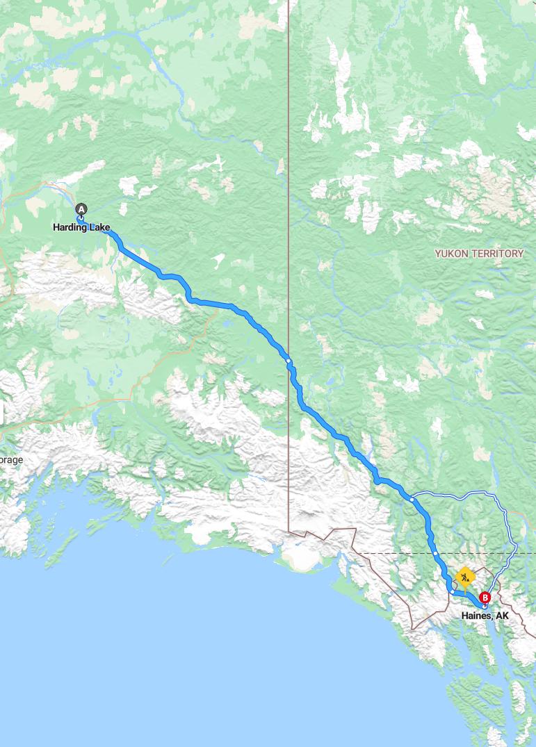 driving from Harding Lake, Alaska to HainesAlaska - map and route