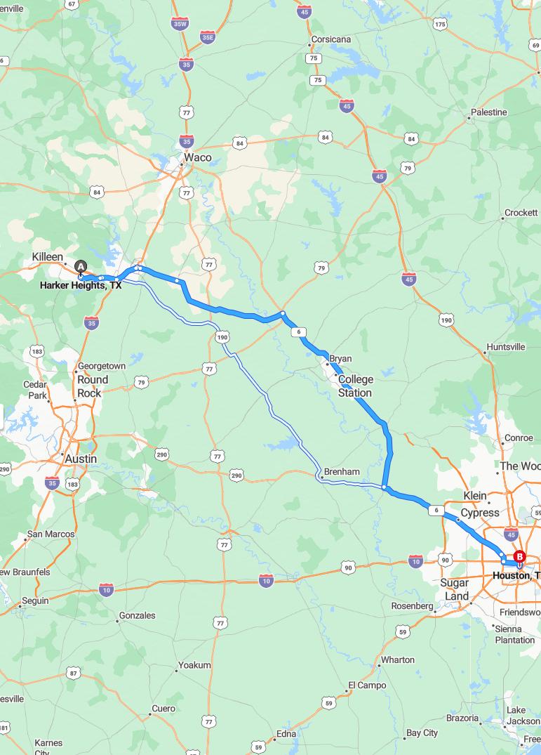 driving from Harker Heights, Texas to HoustonTexas - map and route