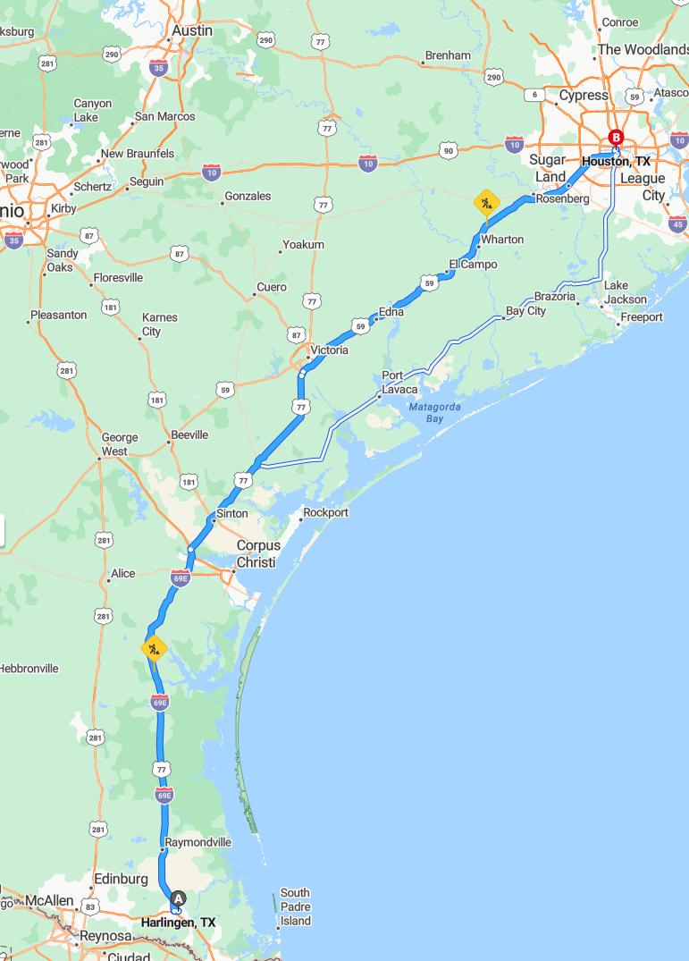 driving from Harlingen, Texas to HoustonTexas - map and route
