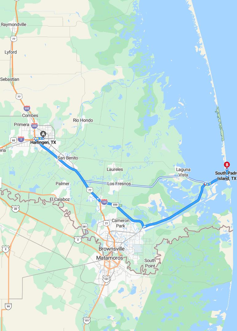 driving from Harlingen, Texas to South Padre IslandTexas - map and route