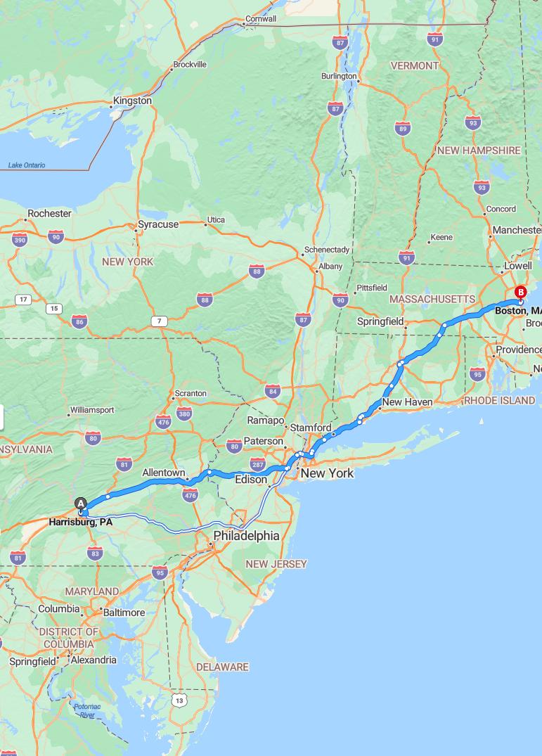 driving from Harrisburg, Pennsylvania to BostonMassachusetts - map and route