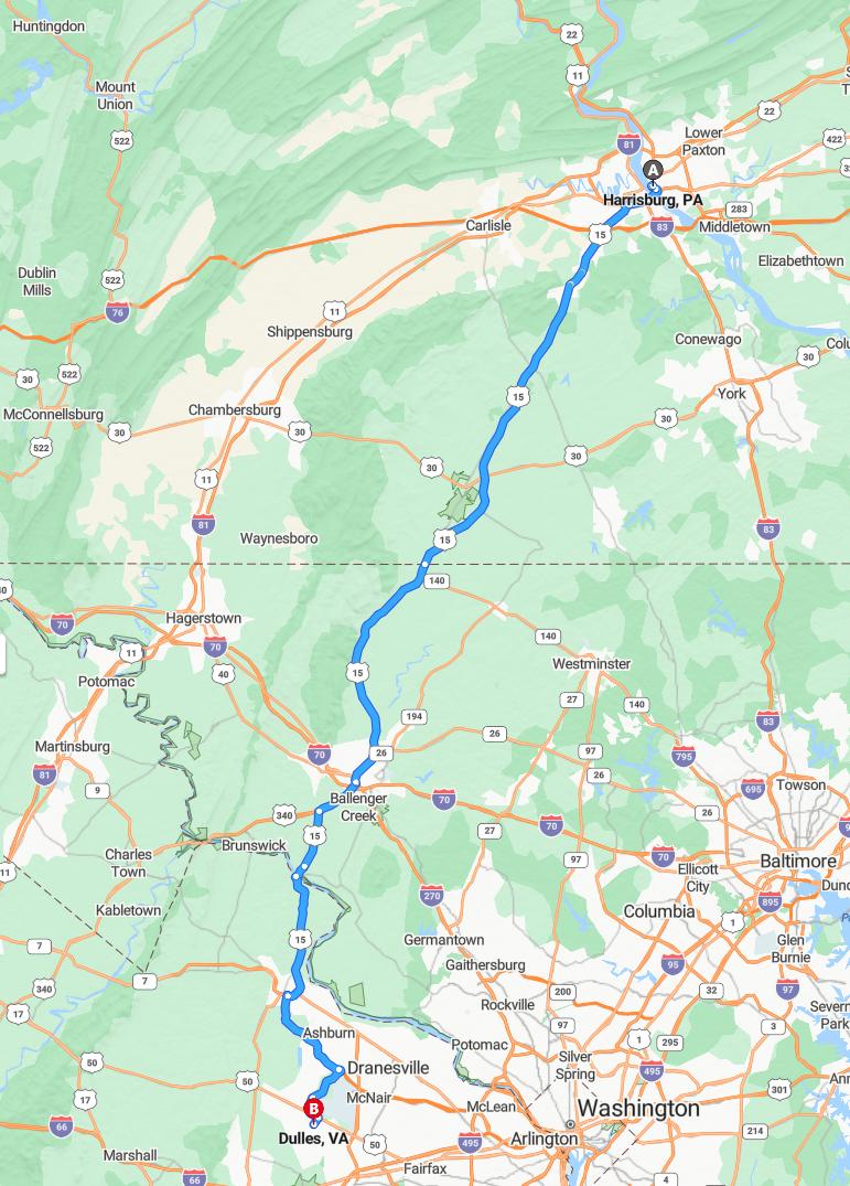 driving from Harrisburg, Pennsylvania to DullesVirginia - map and route