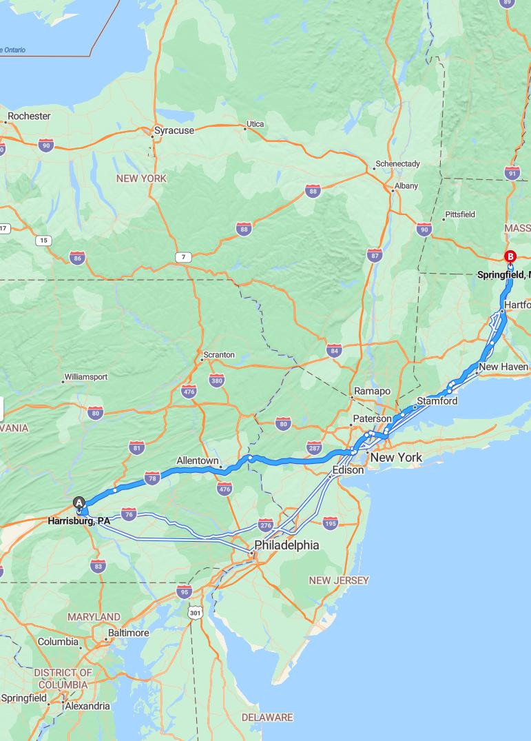 driving from Harrisburg, Pennsylvania to SpringfieldMassachusetts - map and route