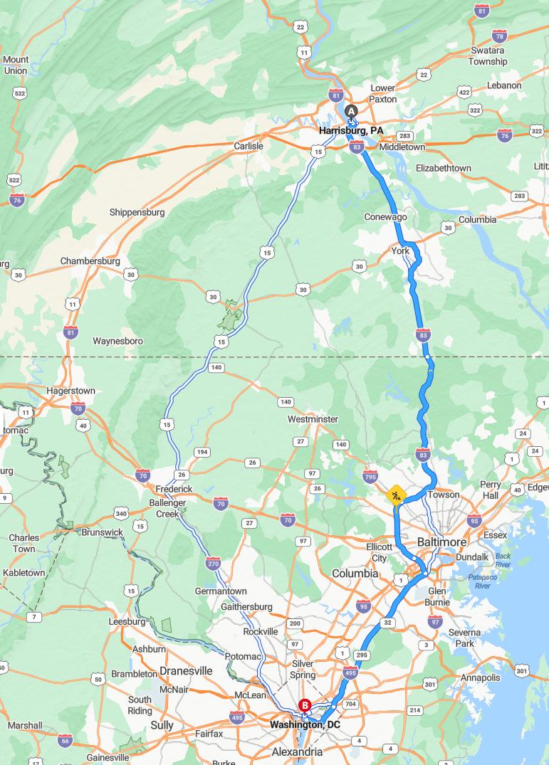 driving from Harrisburg, Pennsylvania to WashingtonDistrict of Columbia - map and route