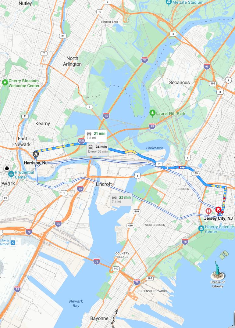 driving from Harrison, New Jersey to Jersey CityNew Jersey - map and route