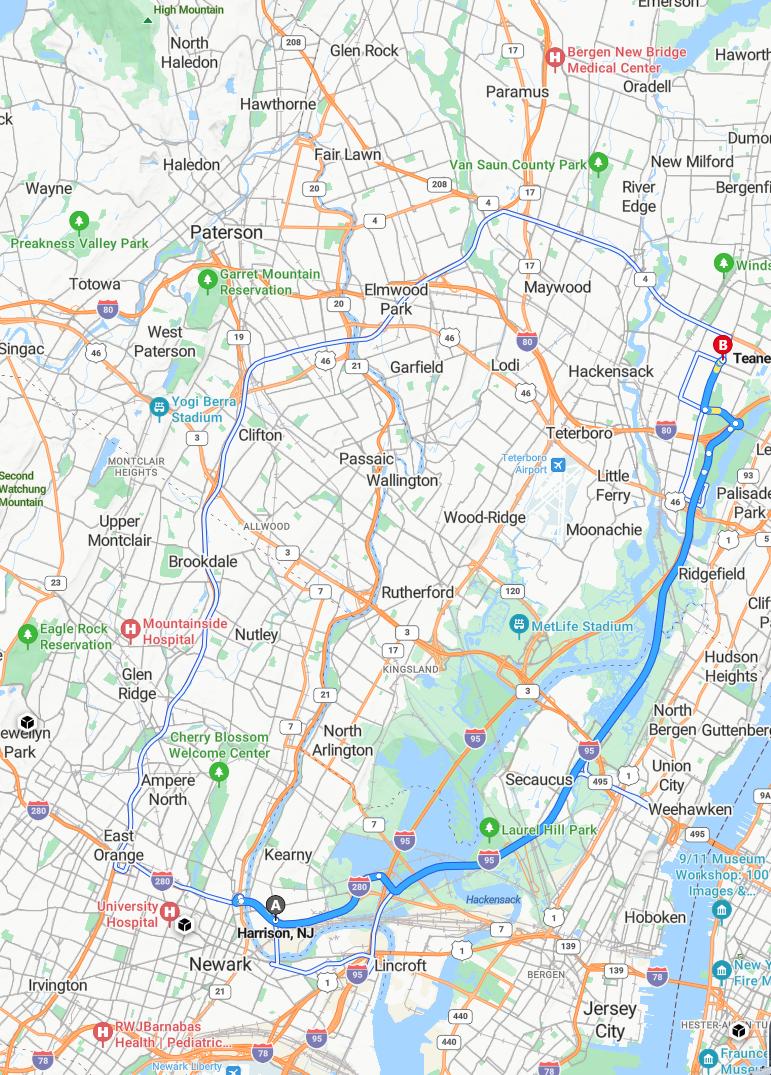 driving from Harrison, New Jersey to TeaneckNew Jersey - map and route