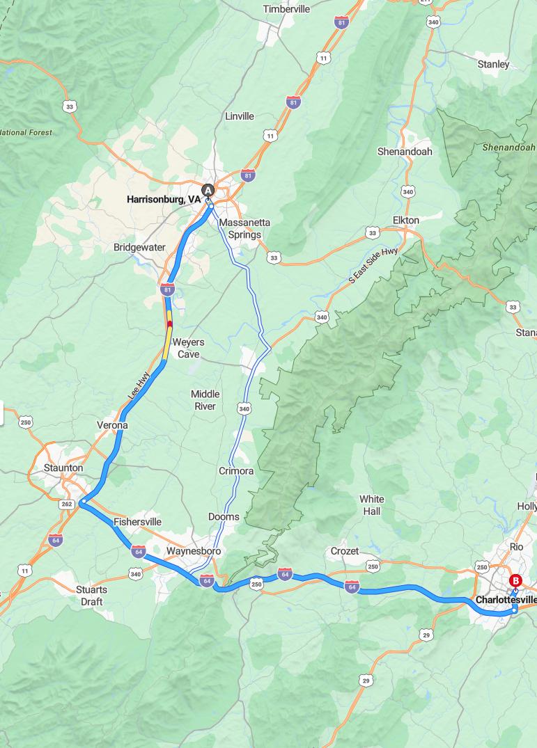 driving from Harrisonburg, Virginia to CharlottesvilleVirginia - map and route