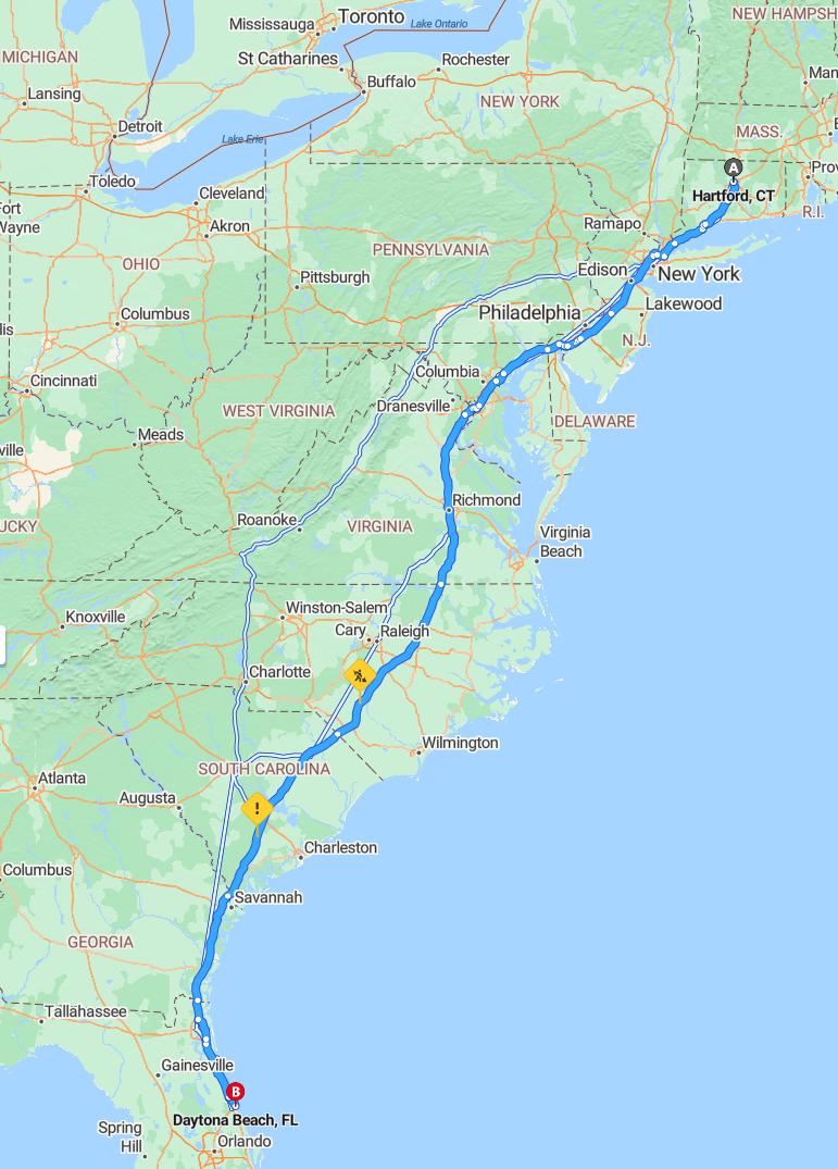 driving from Hartford, Connecticut to Daytona BeachFlorida - map and route
