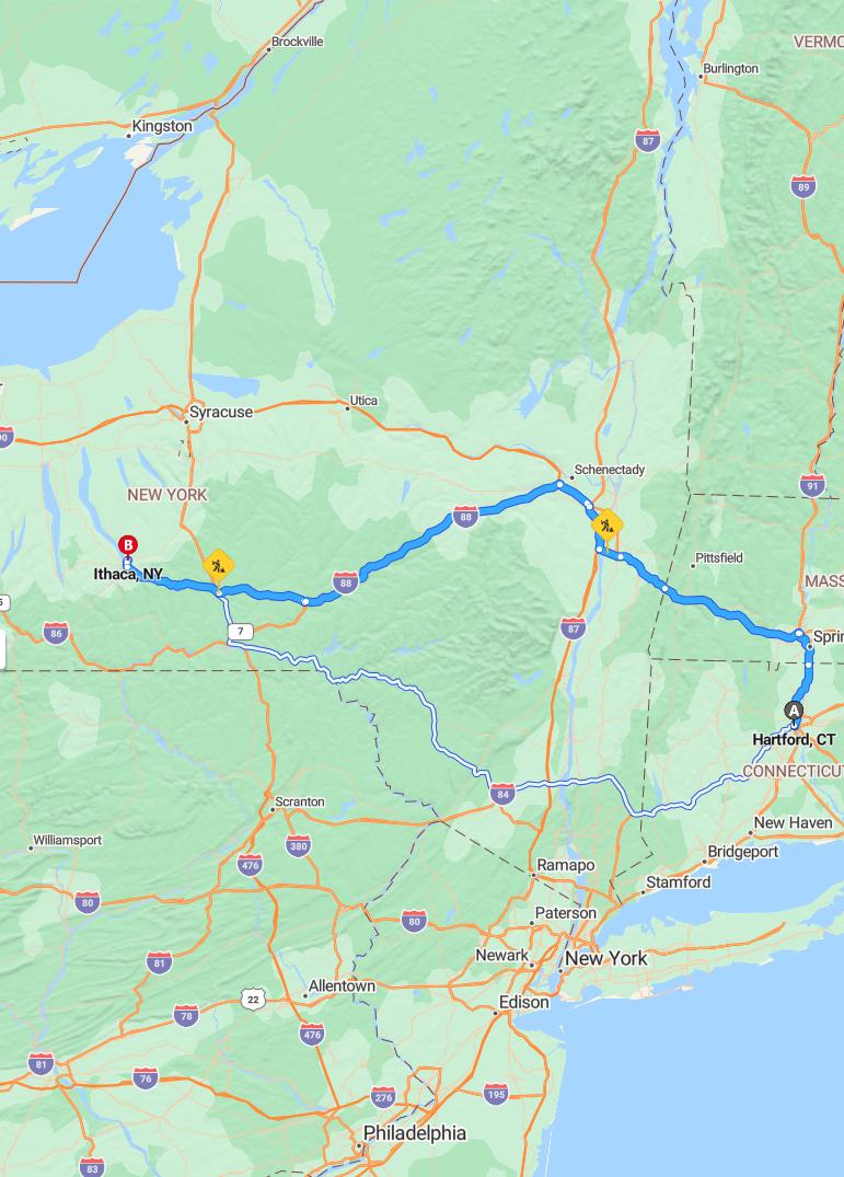 driving from Hartford, Connecticut to IthacaNew York - map and route