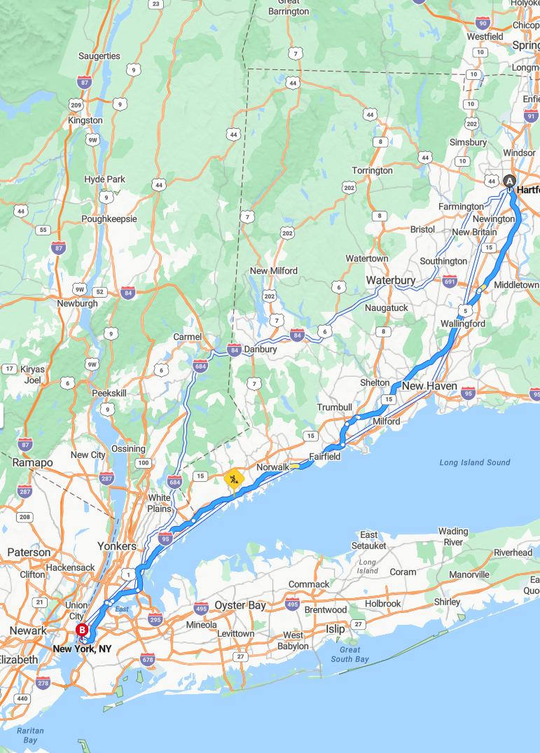 driving from Hartford, Connecticut to New YorkNew York - map and route