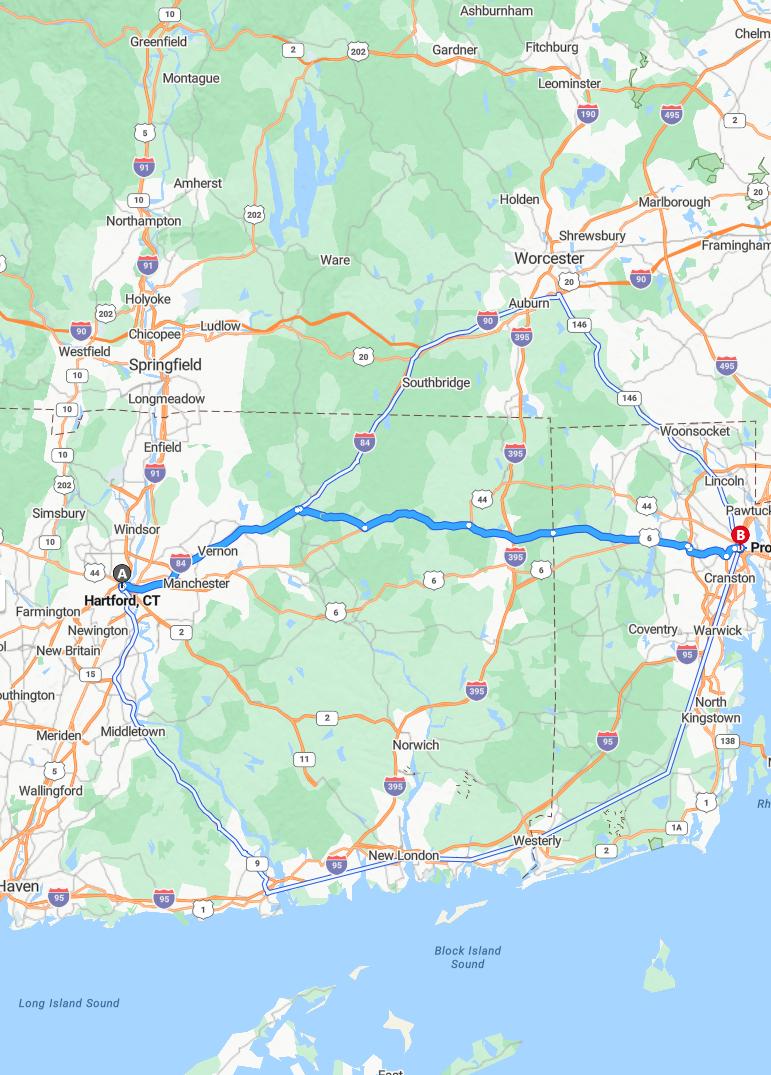 driving from Hartford, Connecticut to ProvidenceRhode Island - map and route
