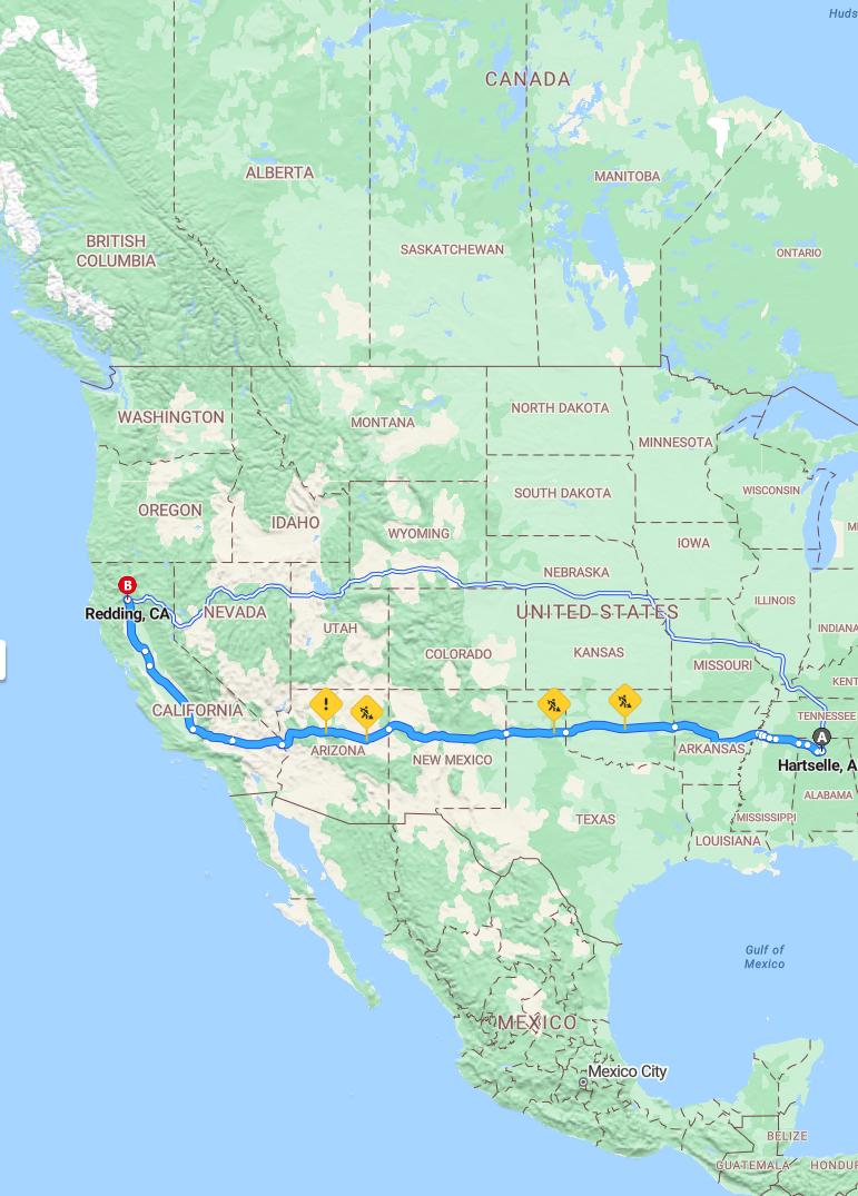 driving from Hartselle, Alabama to ReddingCalifornia - map and route