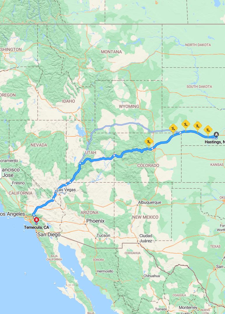 driving from Hastings, Nebraska to TemeculaCalifornia - map and route