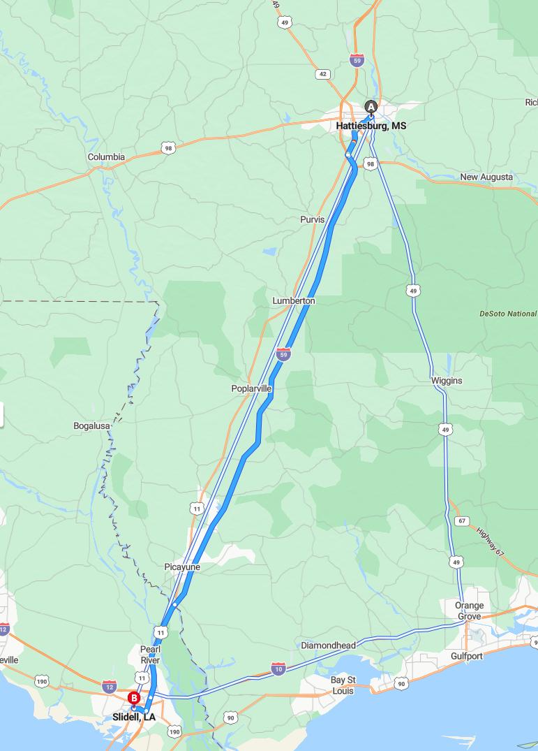 driving from Hattiesburg, Mississippi to SlidellLouisiana - map and route