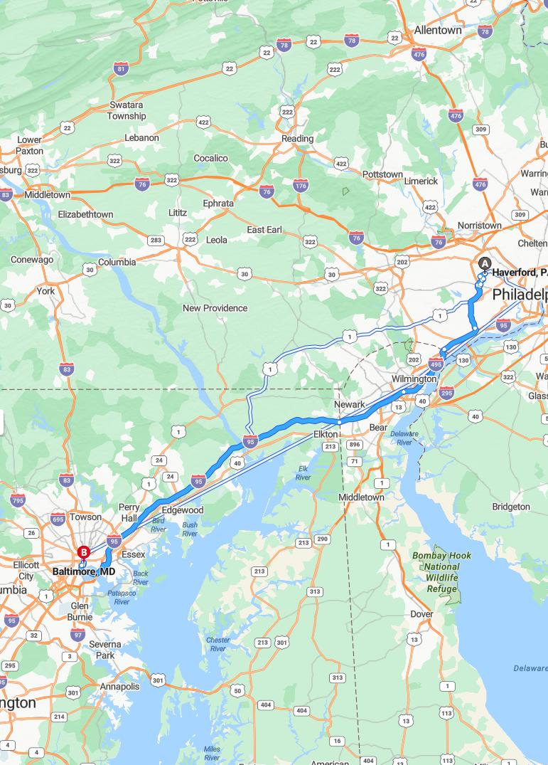 driving from Haverford, Pennsylvania to BaltimoreMaryland - map and route