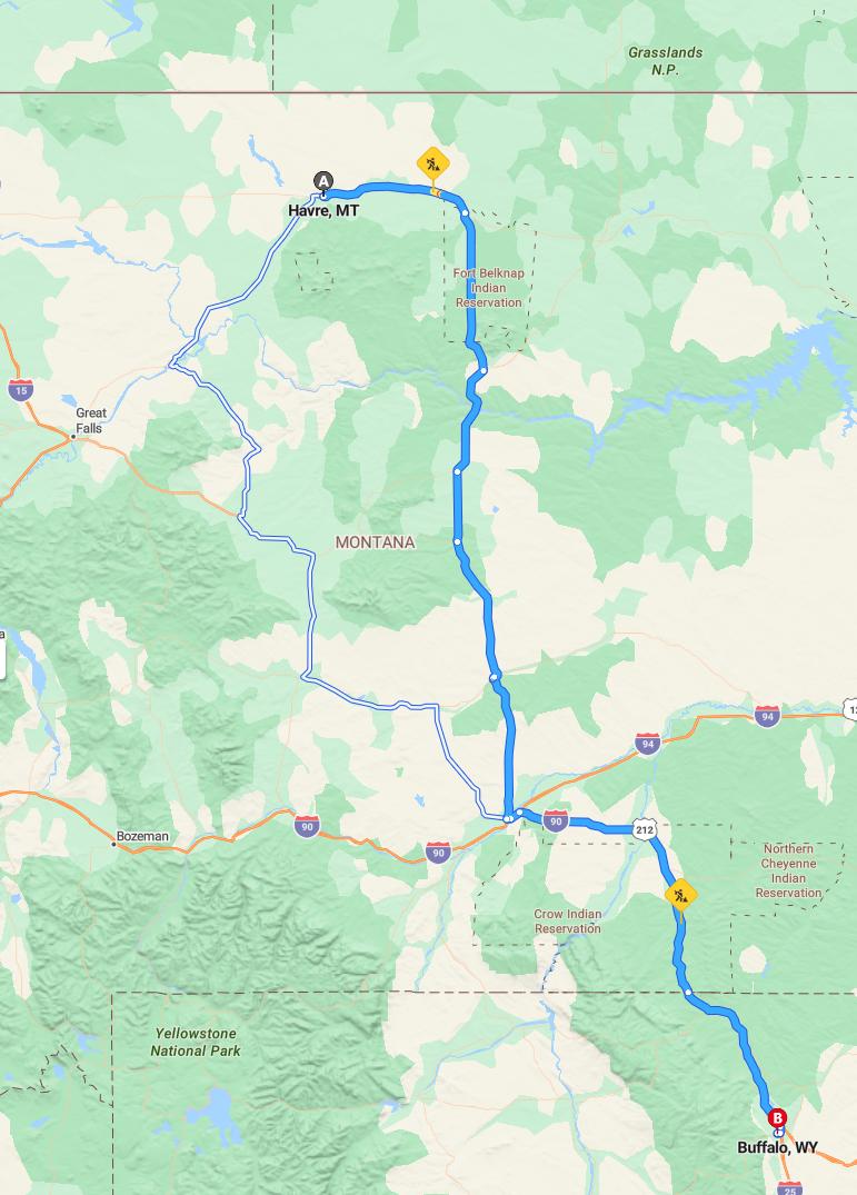 driving from Havre, Montana to BuffaloWyoming - map and route
