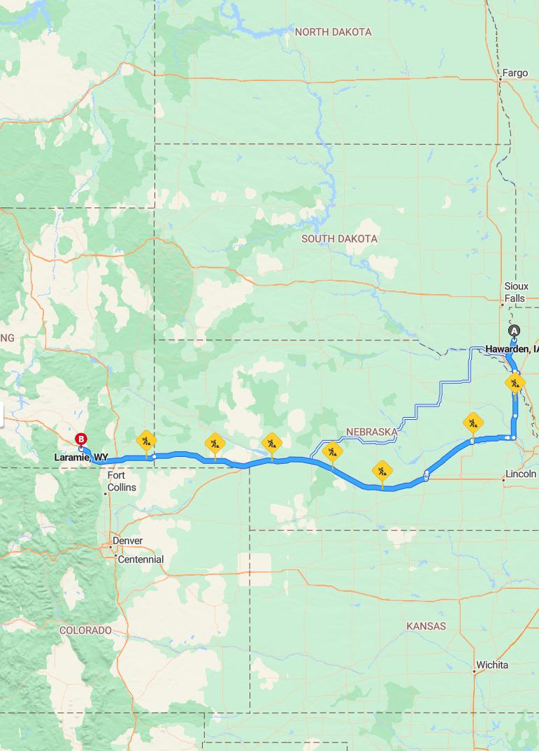 driving from Hawarden, Iowa to LaramieWyoming - map and route