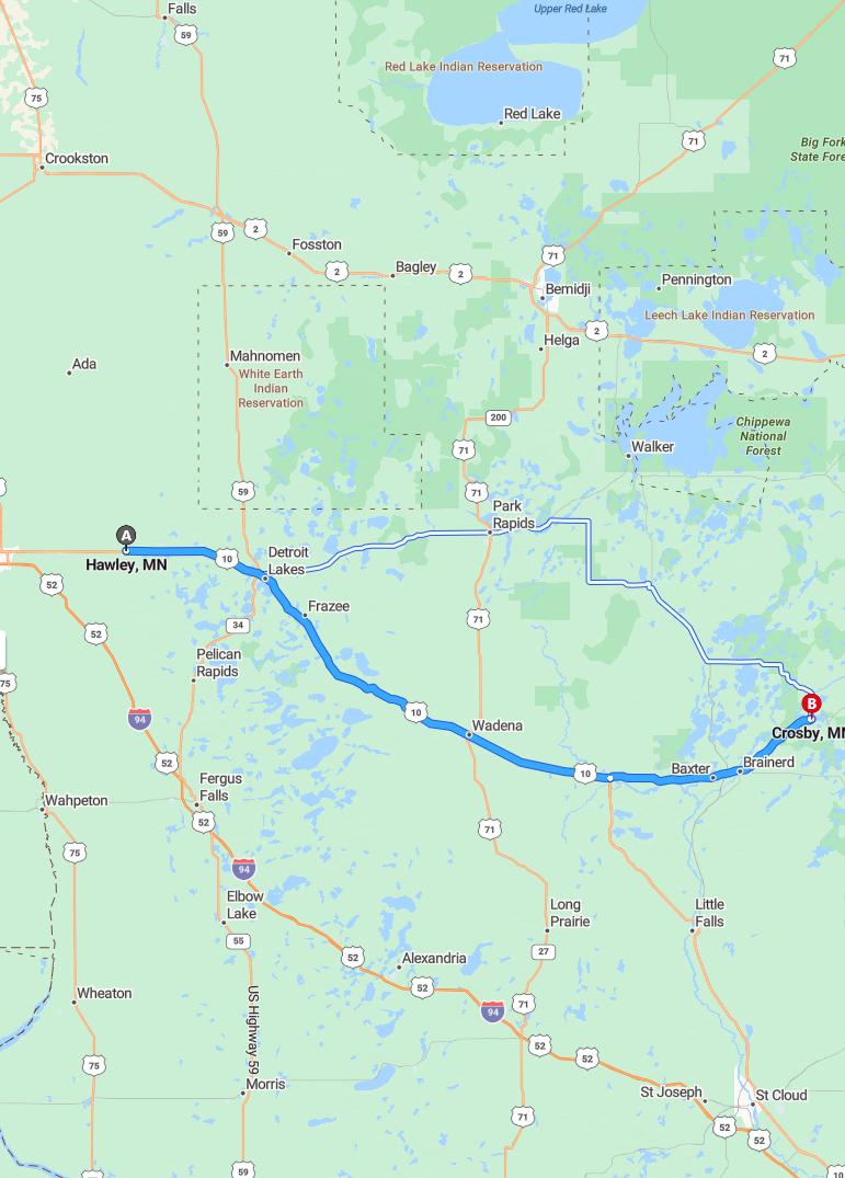 driving from Hawley, Minnesota to CrosbyMinnesota - map and route