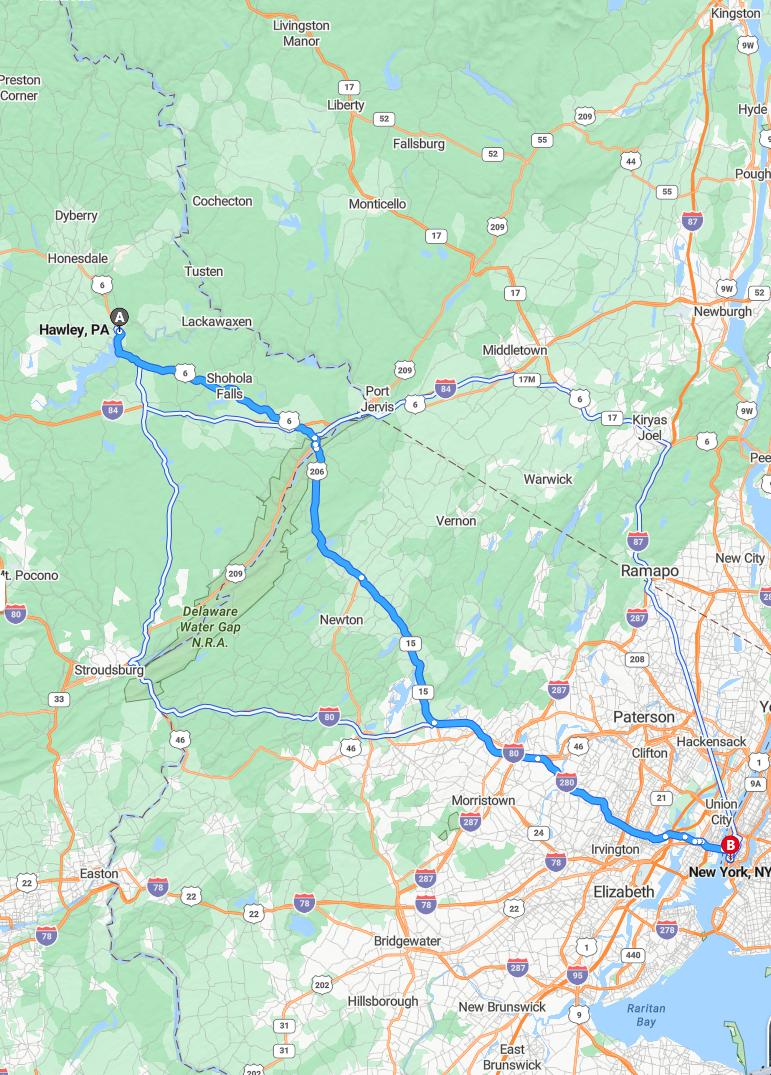 driving from Hawley, Pennsylvania to New York CityNew York - map and route