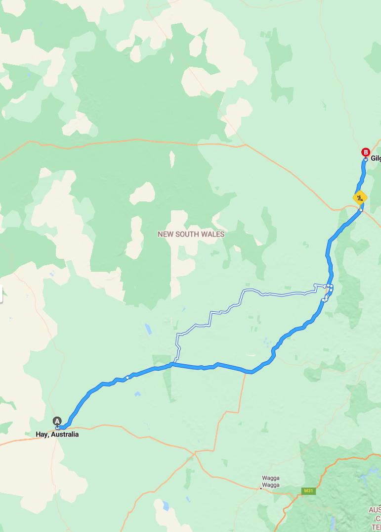 driving from Hay, New South Wales to GilgandraNew South Wales - map and route