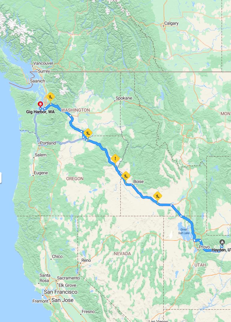 driving from Hayden, Utah to Gig HarborWashington - map and route