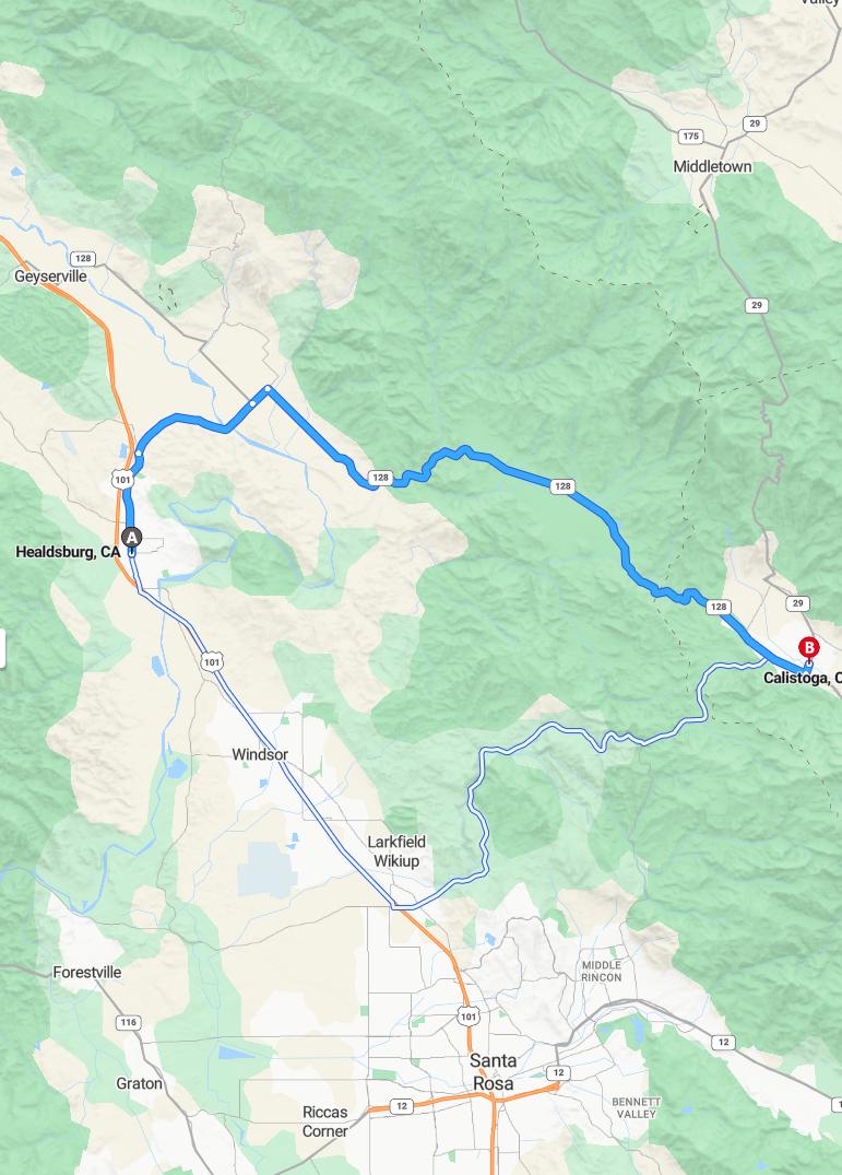 driving from Healdsburg, California to CalistogaCalifornia - map and route