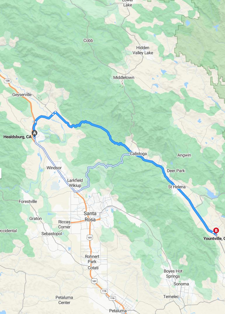 driving from Healdsburg, California to YountvilleCalifornia - map and route