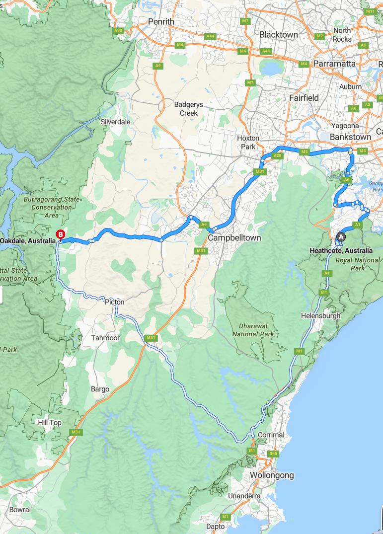 driving from Heathcote, New South Wales to OakdaleNew South Wales - map and route