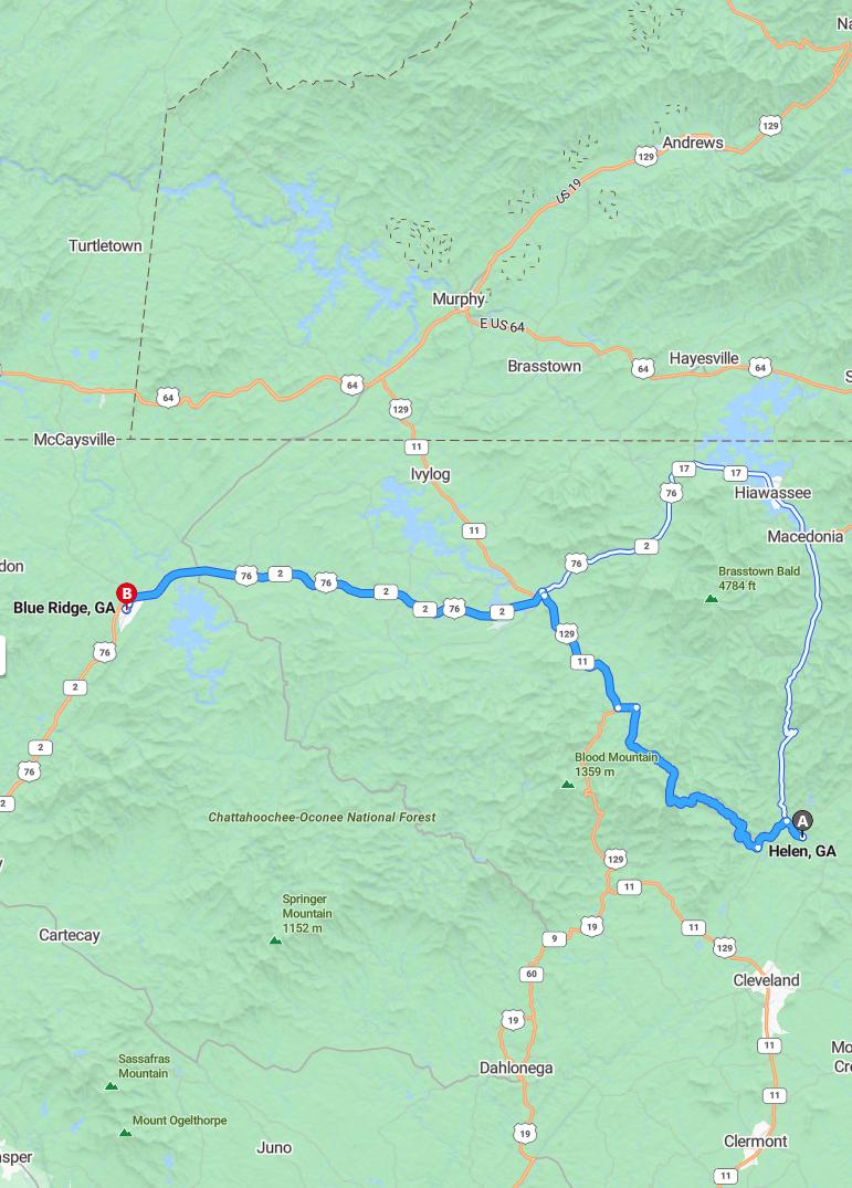 driving from Helen, Georgia to Blue RidgeGeorgia - map and route