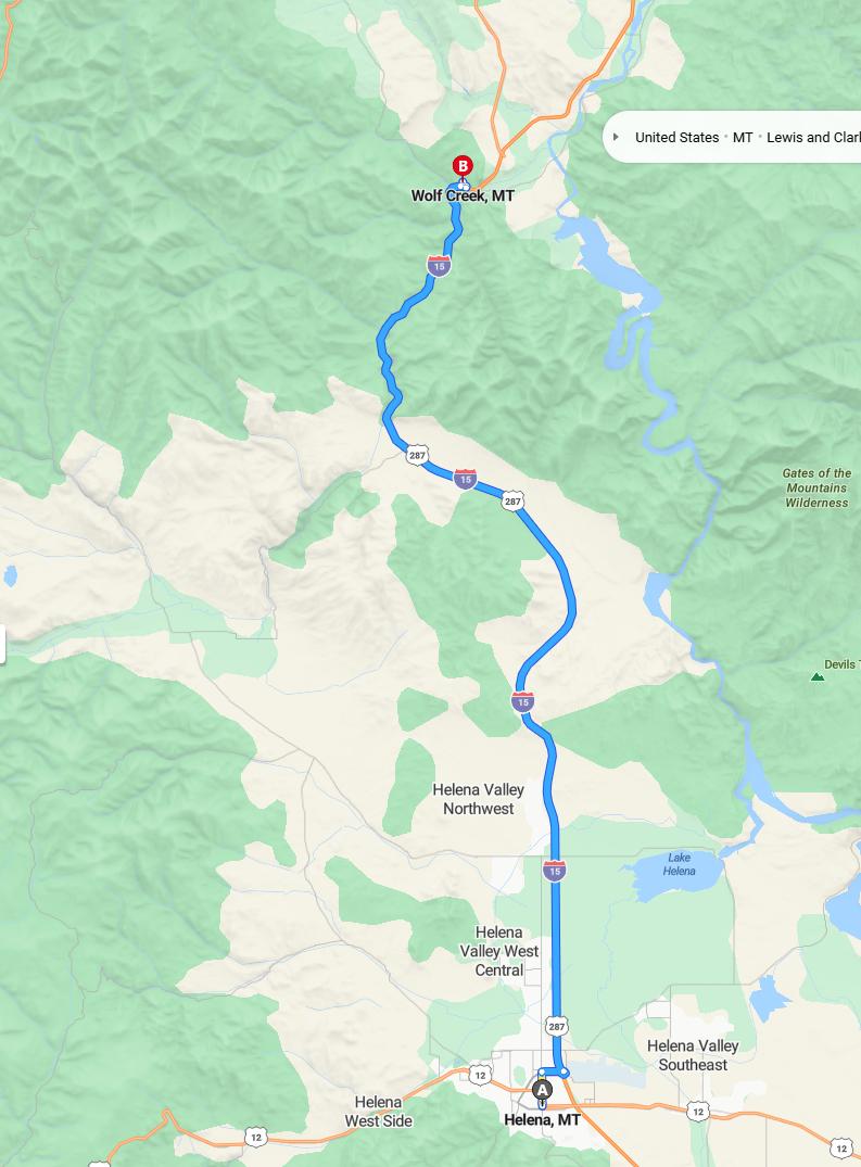 driving from Helena, Montana to Wolf CreekMontana - map and route