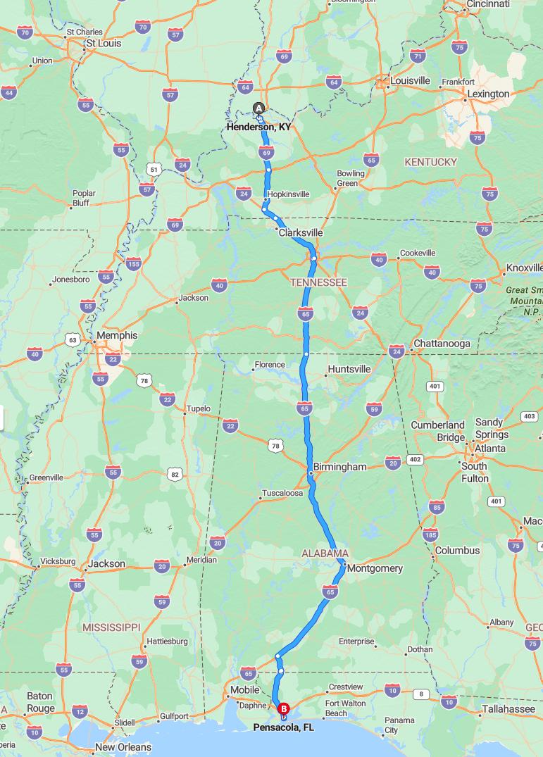 driving from Henderson, Kentucky to PensacolaFlorida - map and route