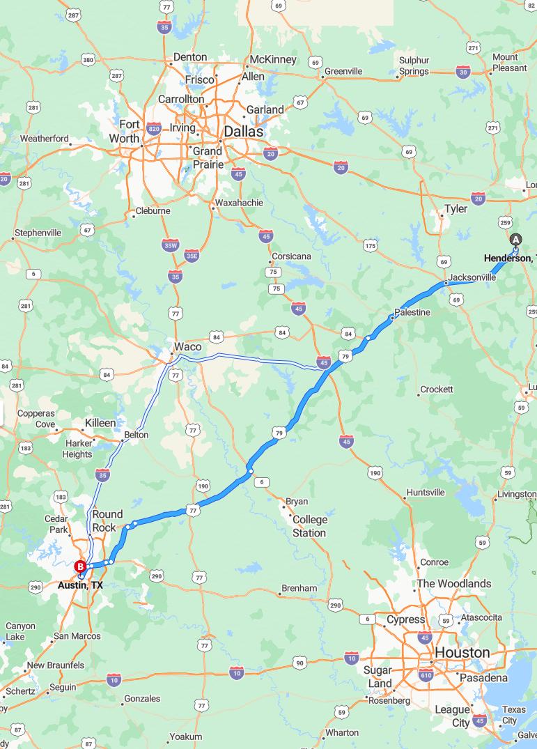 driving from Henderson, Texas to AustinTexas - map and route