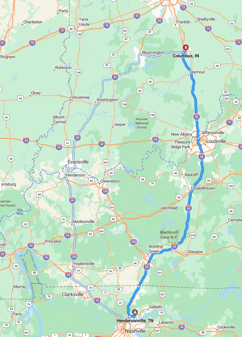 driving from Hendersonville, Tennessee to ColumbusIndiana - map and route