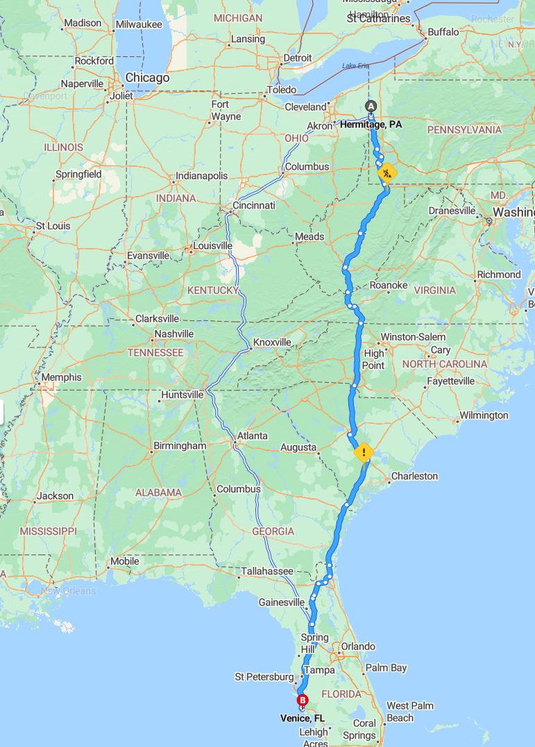 driving from Hermitage, Pennsylvania to VeniceFlorida - map and route