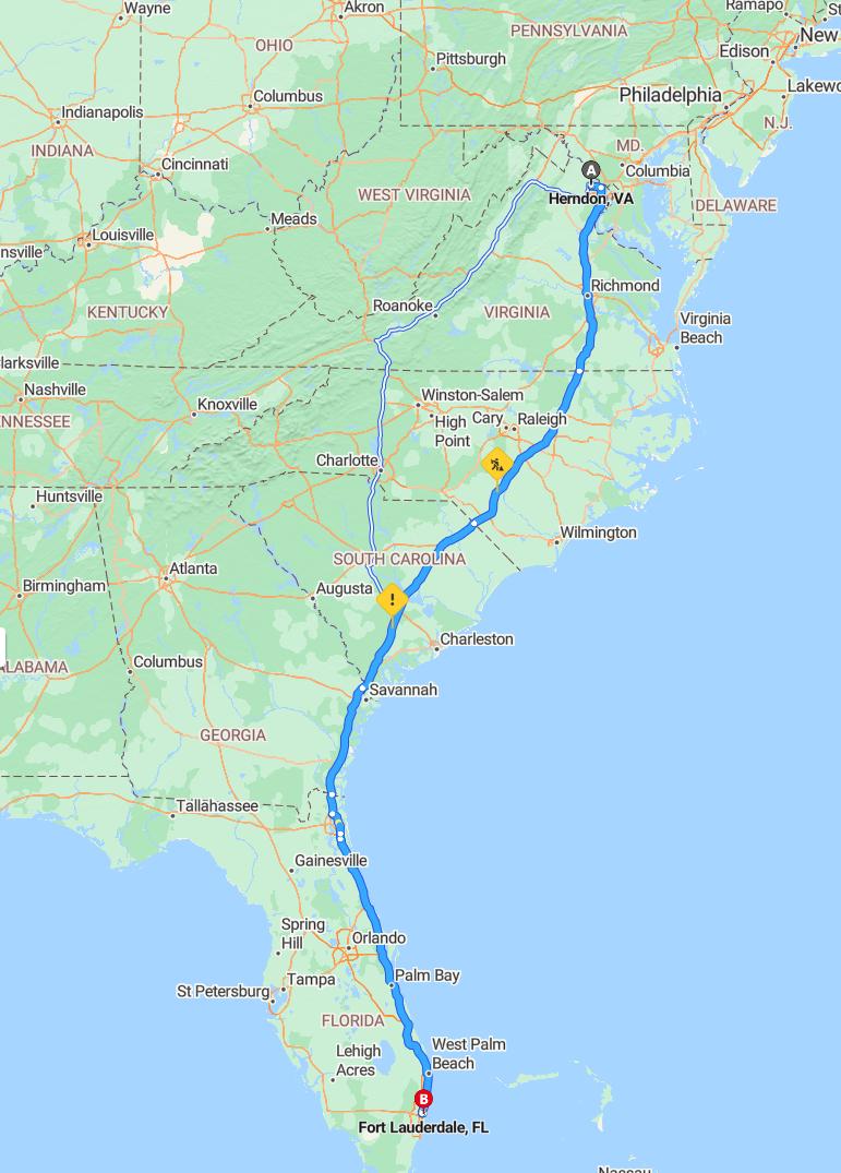 driving from Herndon, Virginia to Fort LauderdaleFlorida - map and route