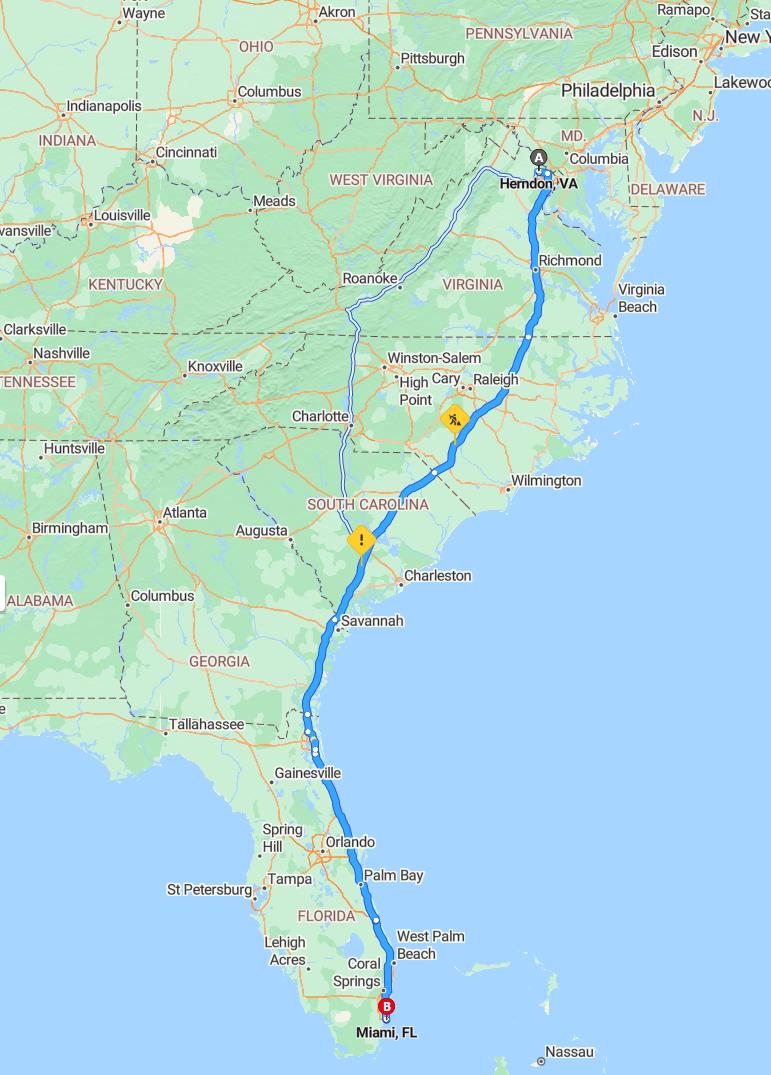 driving from Herndon, Virginia to MiamiFlorida - map and route