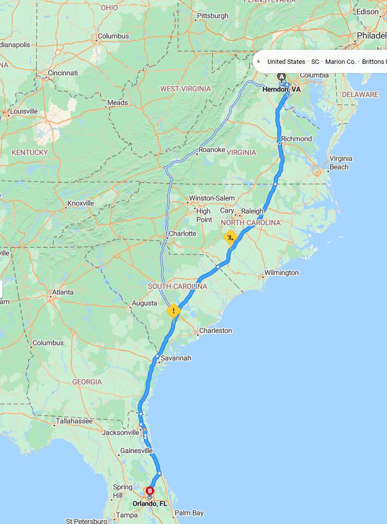 driving from Herndon, Virginia to OrlandoFlorida - map and route