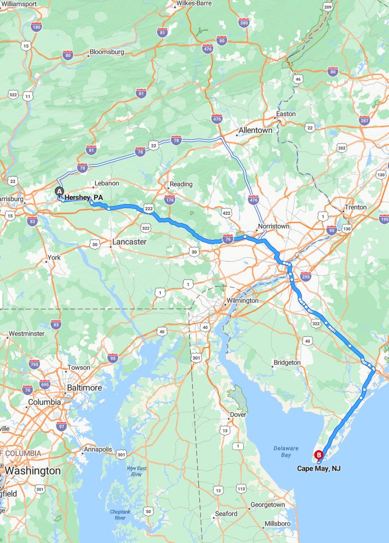 driving from Hershey, Pennsylvania to Cape MayNew Jersey - map and route