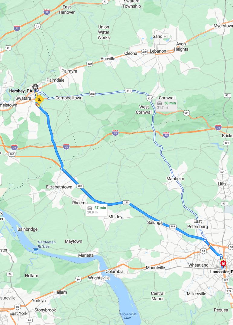 driving from Hershey, Pennsylvania to LancasterPennsylvania - map and route