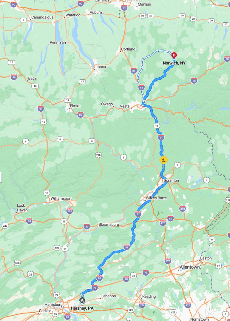 driving from Hershey, Pennsylvania to NorwichNew York - map and route