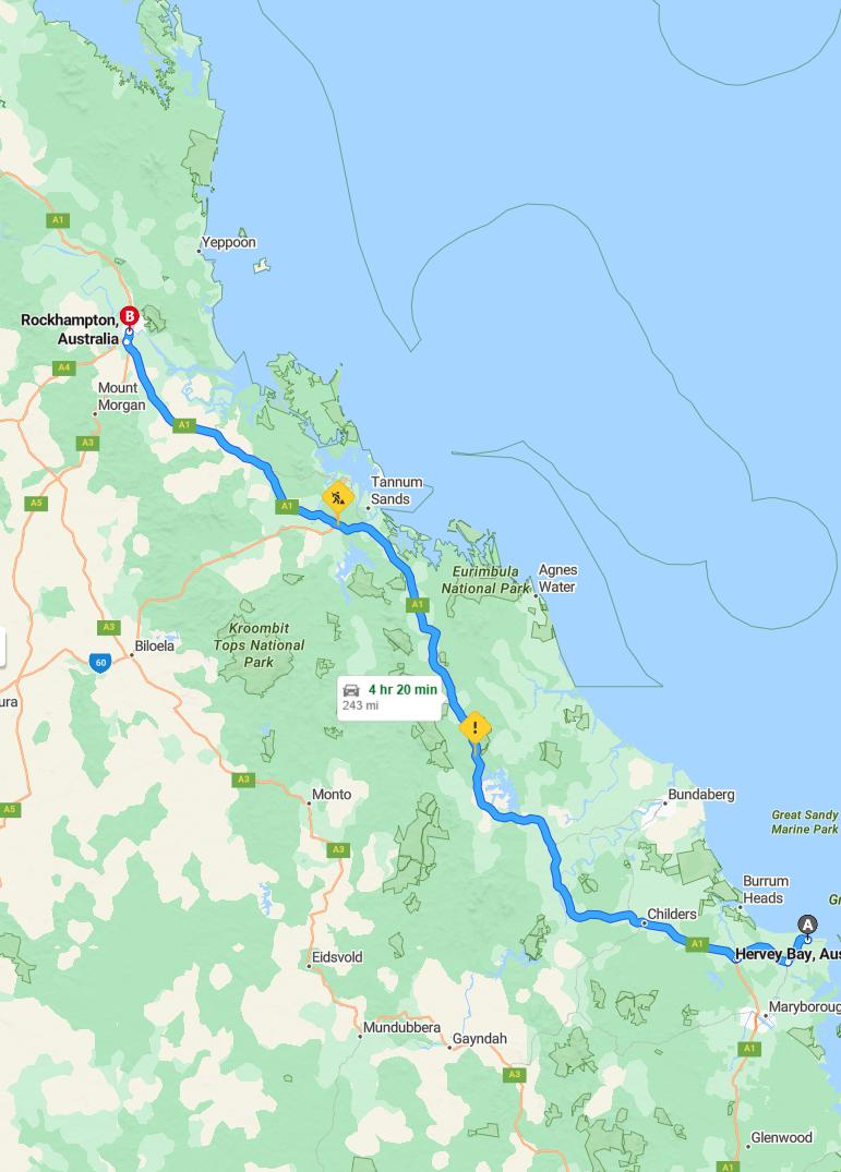 driving from Hervey Bay, Queensland to RockhamptonQueensland - map and route