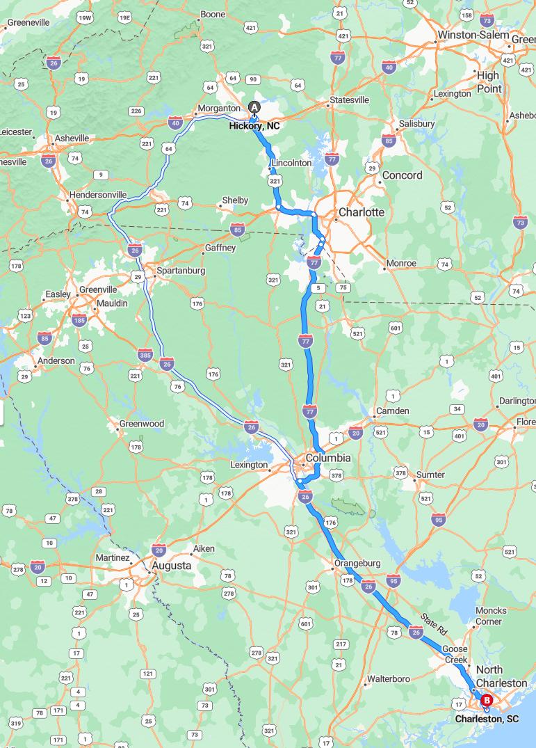driving from Hickory, North Carolina to CharlestonSouth Carolina - map and route